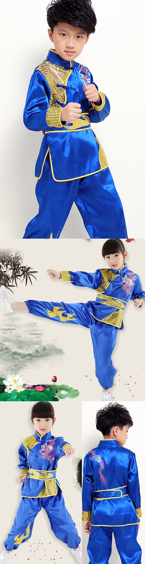 Kid's Dragon Embroidery Kung Fu Uniform with Sash (RM)