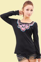 Bargain - Ethnic Long-sleeve Embroidery Patch Blouse