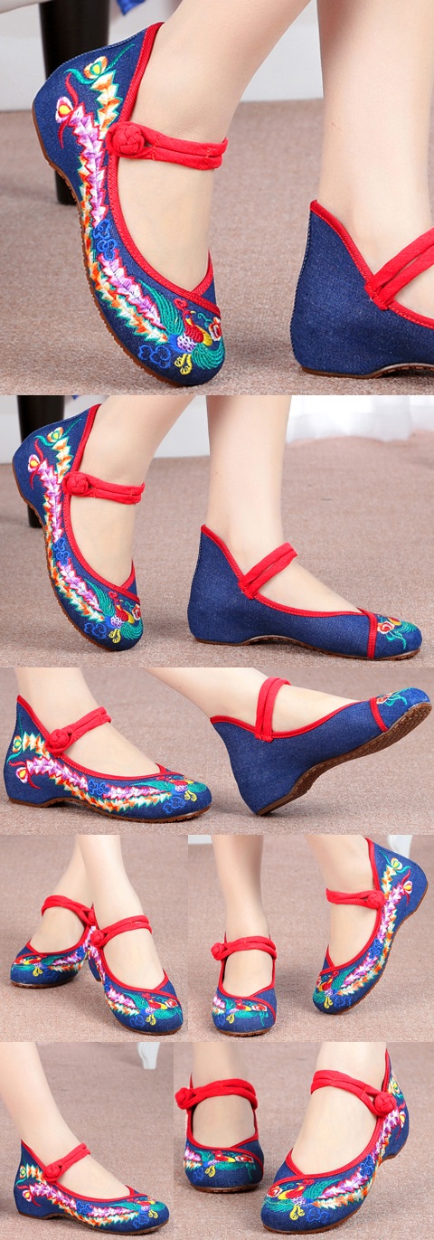 Low-Heel Phoenix Embroidery Shoes (Blue)