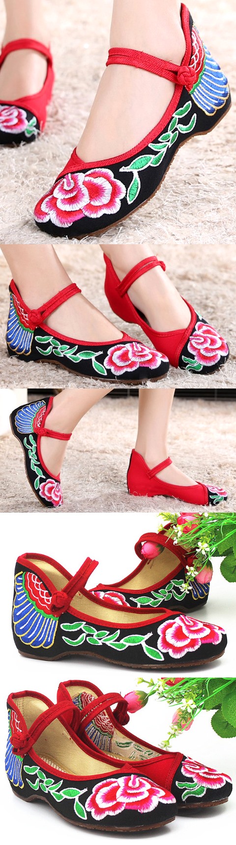 Low Heel Flower Embroidery Shoes (Black)