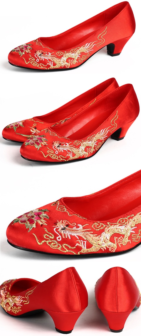 Mid Heel Dragon and Phoenix Embroidery Shoes (Red)