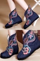 Low Heel Floral Embroidery Mid Height Boots (Blue)