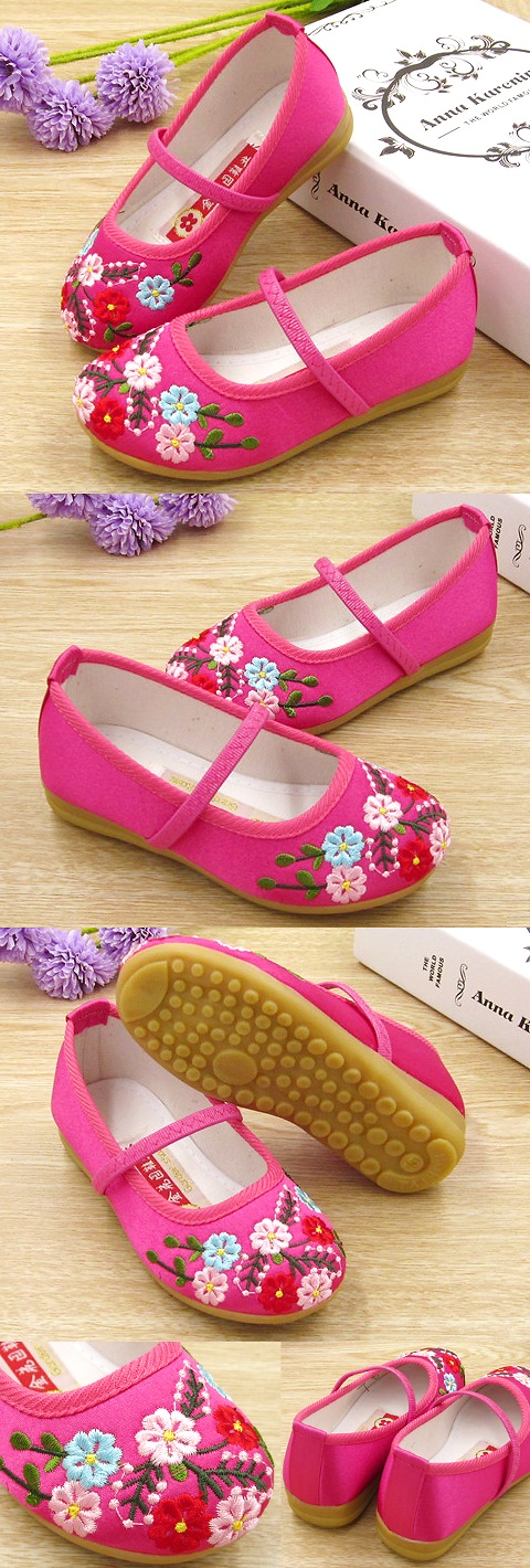 Girl's Flower Embroidery Shoes (Fuchsia)