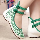 Mid Heel Bamboo Embroidery Shoes (Green)