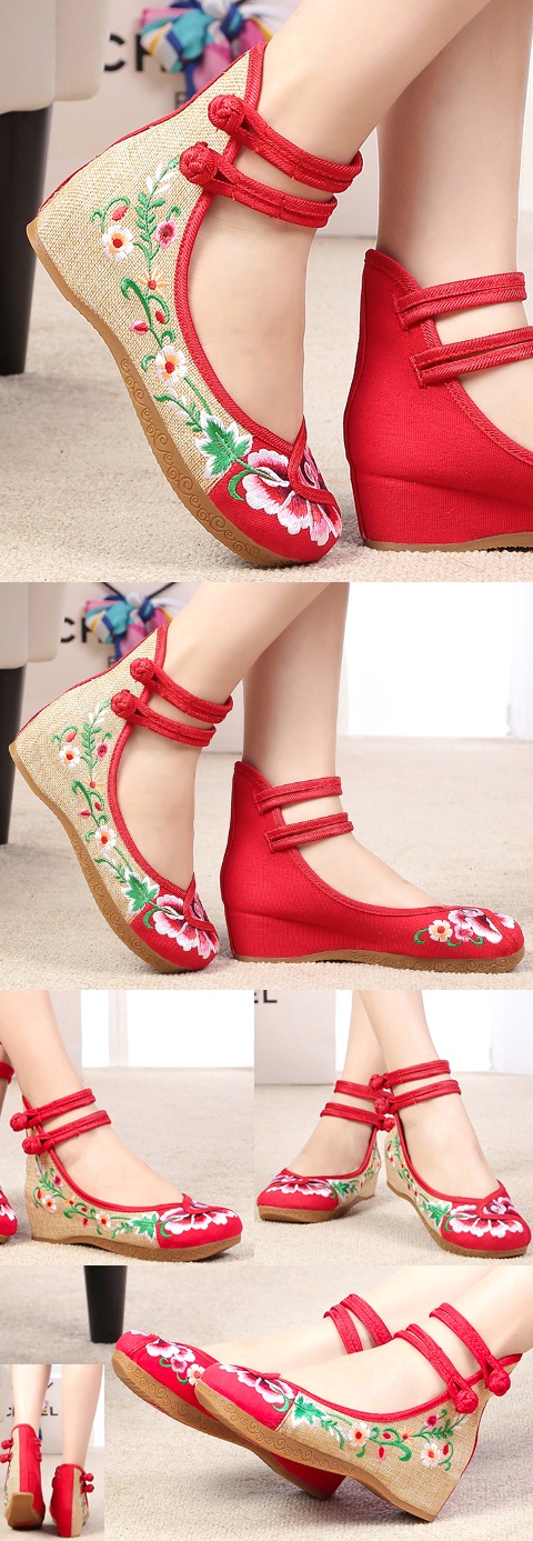 Mid Heel Flower Embroidery Shoes (Red)