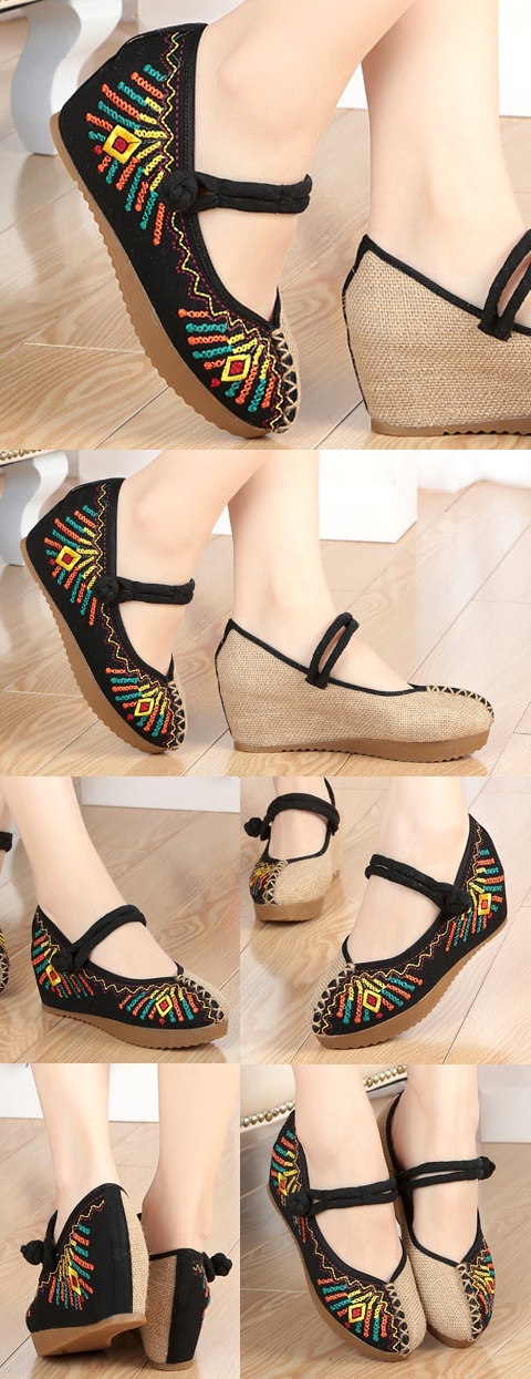 Mid Heel Abstract-pattern Embroidery Shoes (Black)