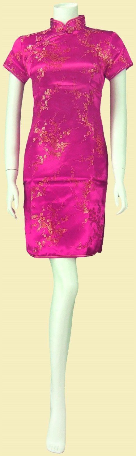 Bargain - Short-sleeve Short Brocade Cheongsam Dress - Fuchsia