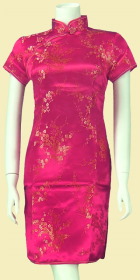 Bargain - Short-sleeve Short Brocade Cheongsam Dress - Fuchsia