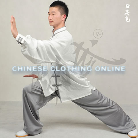 Professional Taichi Kungfu Uniform with Pants - Silk Fibroin Satin - White/Grey (RM)