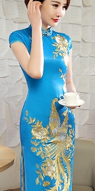 碗袖華麗鳳凰刺繡旗袍 (成衣)