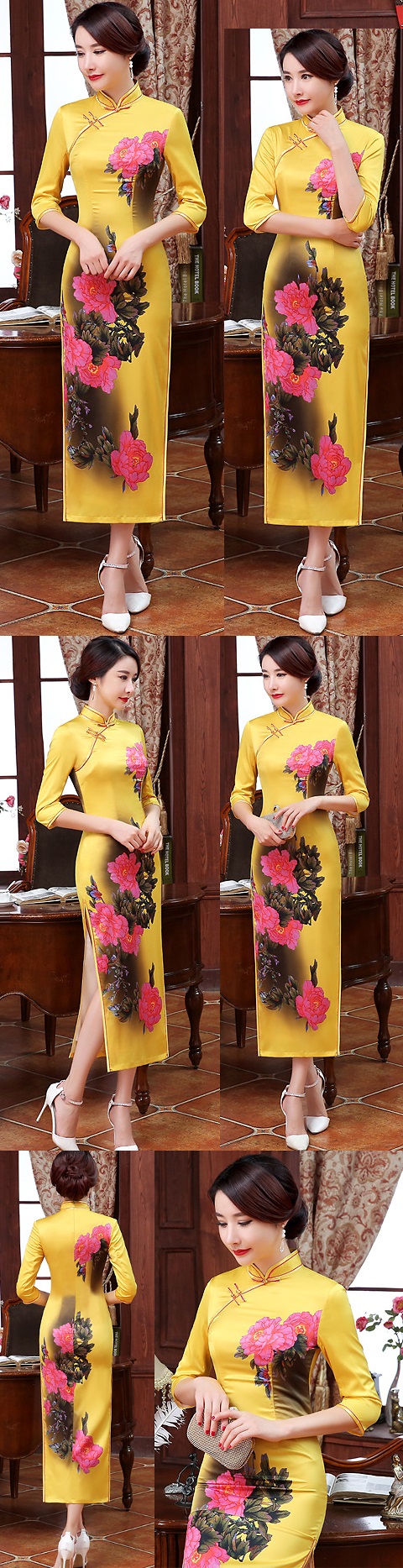 Elbow-sleeve Silk Printing Cheongsam (RM)