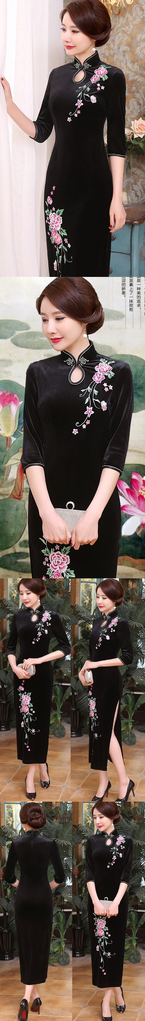 Elbow-sleeve Embroidery Velvet Cheongsam (RM)