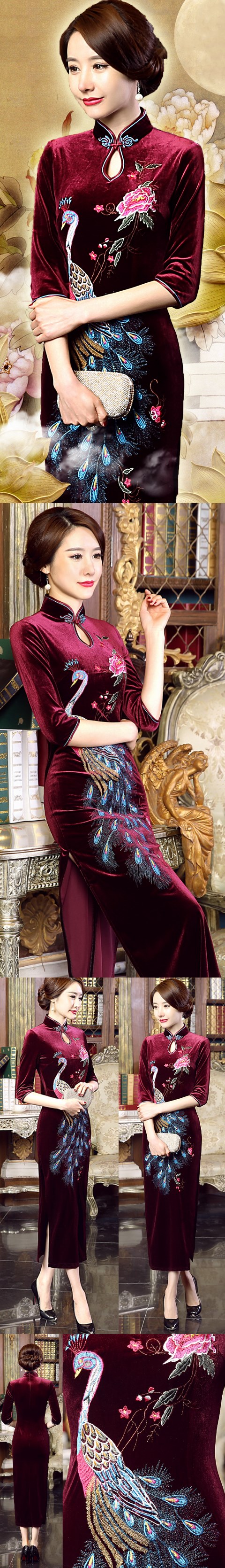 Elbow-sleeve Embroidery Velvet Cheongsam (RM)