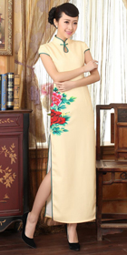 Long-length Cup-sleeve Printing Silky Cheongsam (RM)