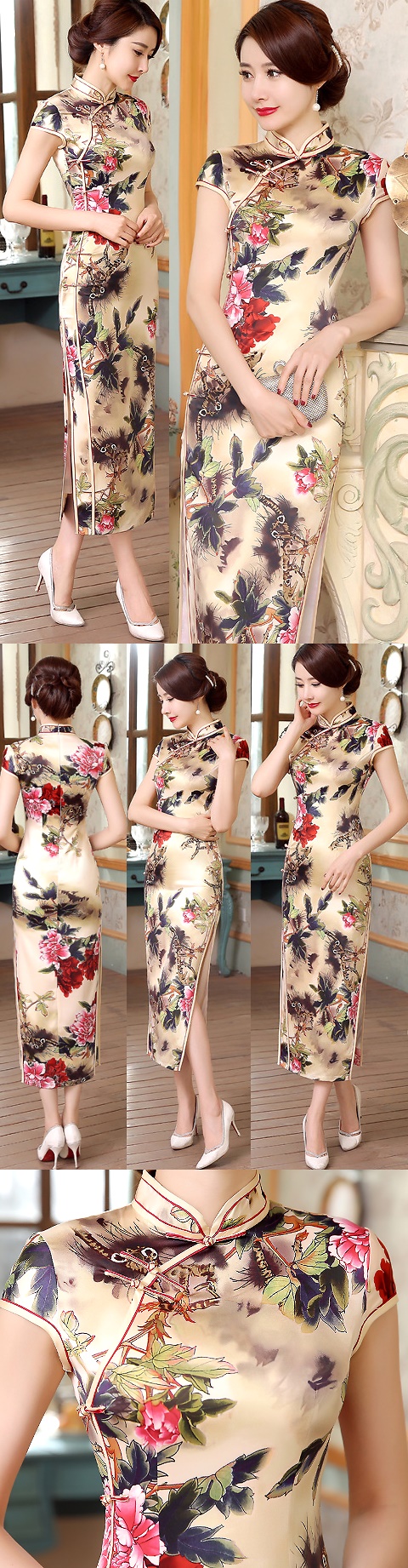 Cup-sleeve Silk Printing Cheongsam (RM)