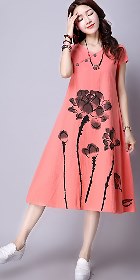 Ethnic Hand-painting Short-sleeve Linen Dress (RM)