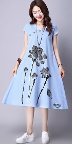 Ethnic Hand-painting Short-sleeve Linen Dress (RM)