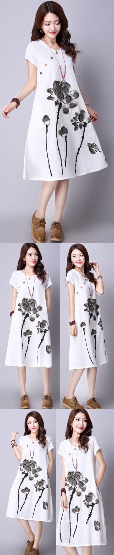 Ethnic Hand-painting Short-sleeve Linen Dress (RM)