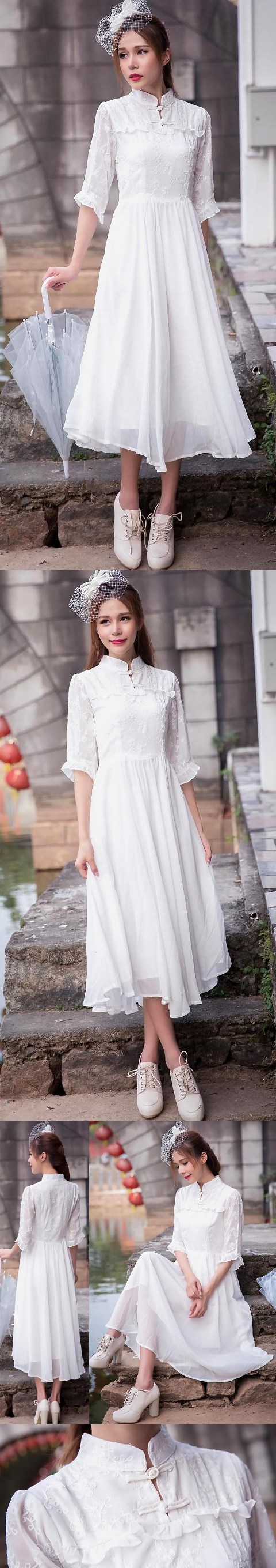 Ethnic 3/4-sleeve Embroidery-gauze Dress -  White (RM)