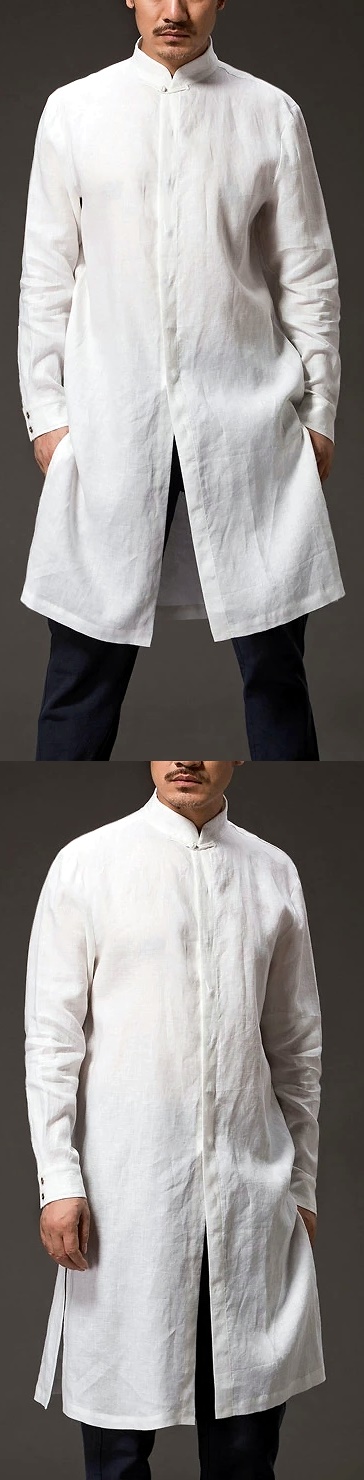 Standing Collar Linen Cotton Long Coat (CM)
