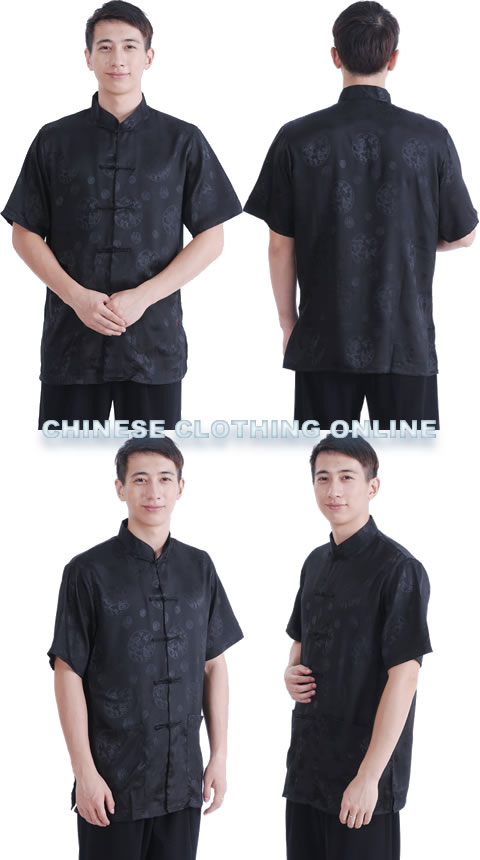 Short-sleeve Huddling Dragons Mandarin Shirt - Black (RM)