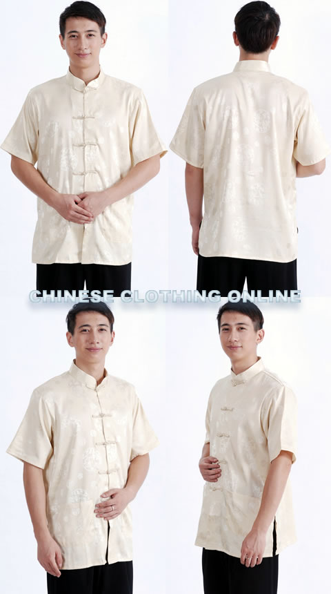 Short-sleeve Huddling Dragons Mandarin Shirt - Light Gold (RM)