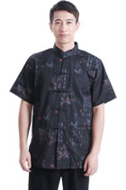 Short-sleeve PLum Blossoms Mandarin Shirt - Black (RM)