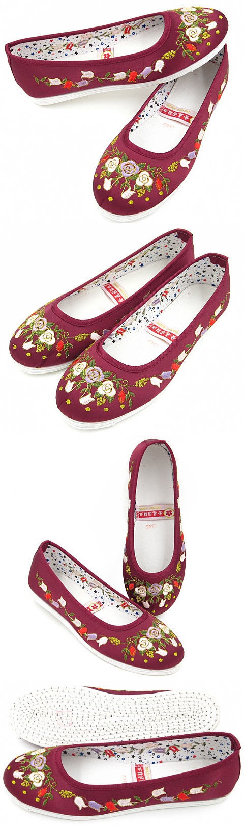 Satin Pomegranate Flower Embroidery Shoes (Burgundy)