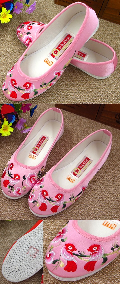 Satin Flower and Bird Embroidery Shoes (Pink)