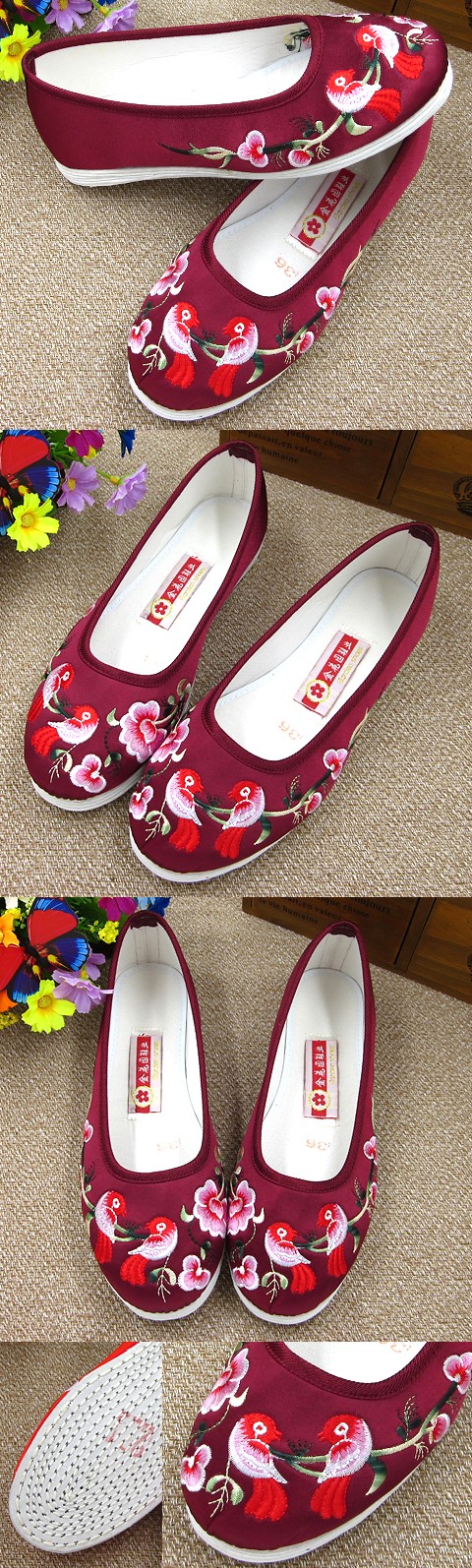 Satin Flower and Bird Embroidery Shoes (Violet Red)
