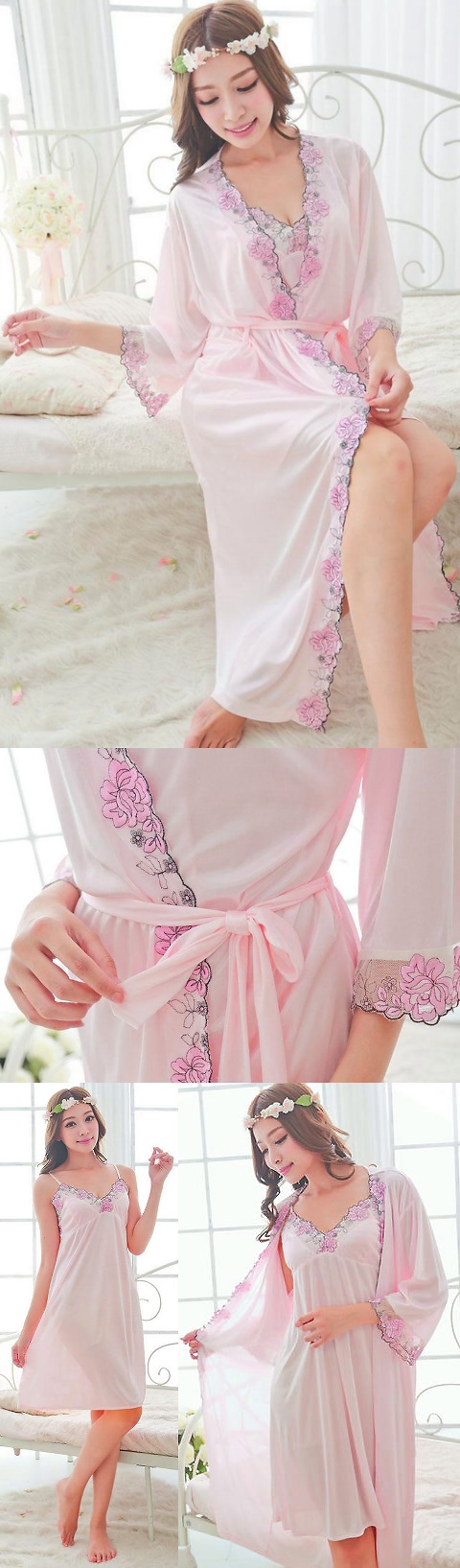 2-piece Floral Embroidery Long Silk Robe (RM)