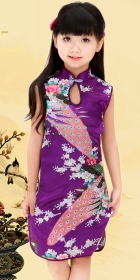 Bargain - Girl's Sleeveless Floral Cheongsam Dress (Purple)