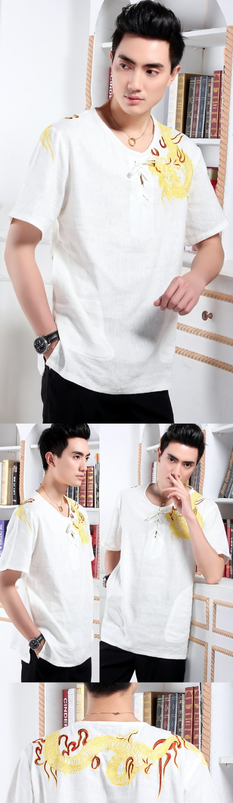 Short-sleeve Dragon Embroidery Chinese Ethnic Shirt (RM)