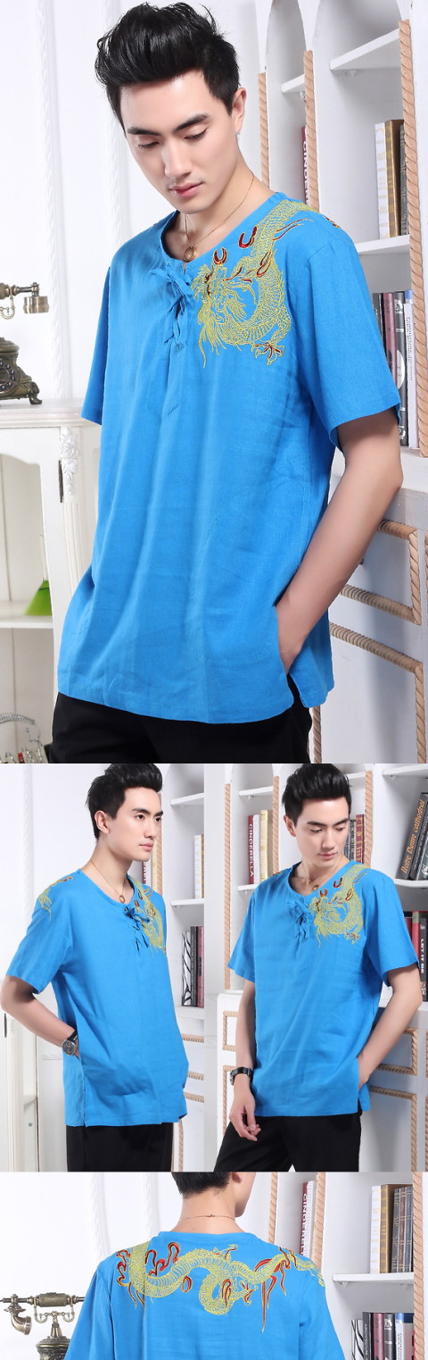 Short-sleeve Dragon Embroidery Chinese Ethnic Shirt (RM)