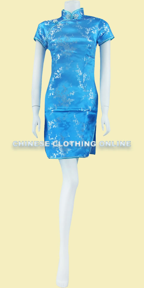 Bargain - Short-sleeve Short Brocade Cheongsam Dress - Sky Blue