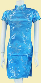 Bargain - Short-sleeve Short Brocade Cheongsam Dress - Sky Blue