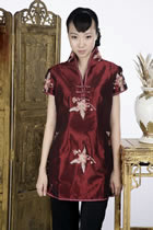 Short-sleeve Floral Embroidery Mini Cheongsam Dress (Maroon)