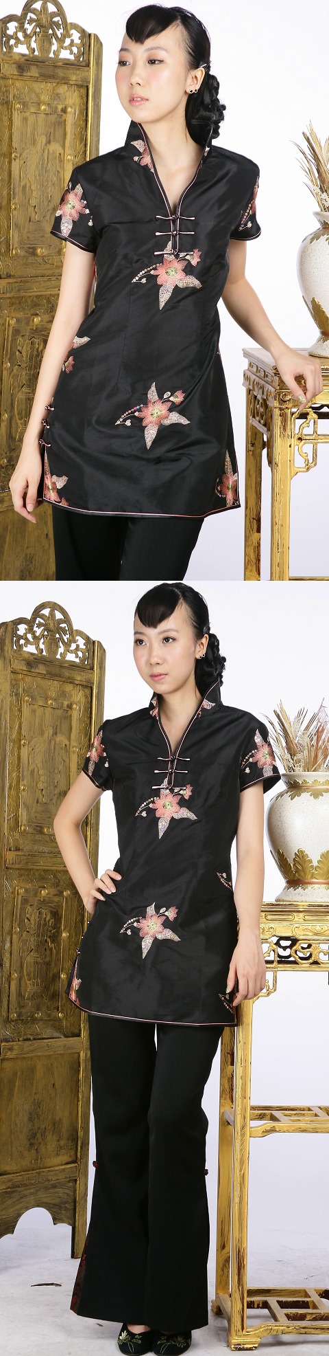 Short-sleeve Floral Embroidery Mini Cheongsam Dress (Black)