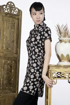 Short-sleeve Printed Pattern Cheongsam Dress (Black)