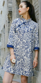 Ethnic 3/4-Sleeve Standing Collar Dress (CM)
