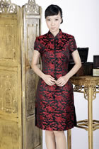 Short-sleeve Blessing Embroidery Midi Cheongsam Dress (Red/Black)