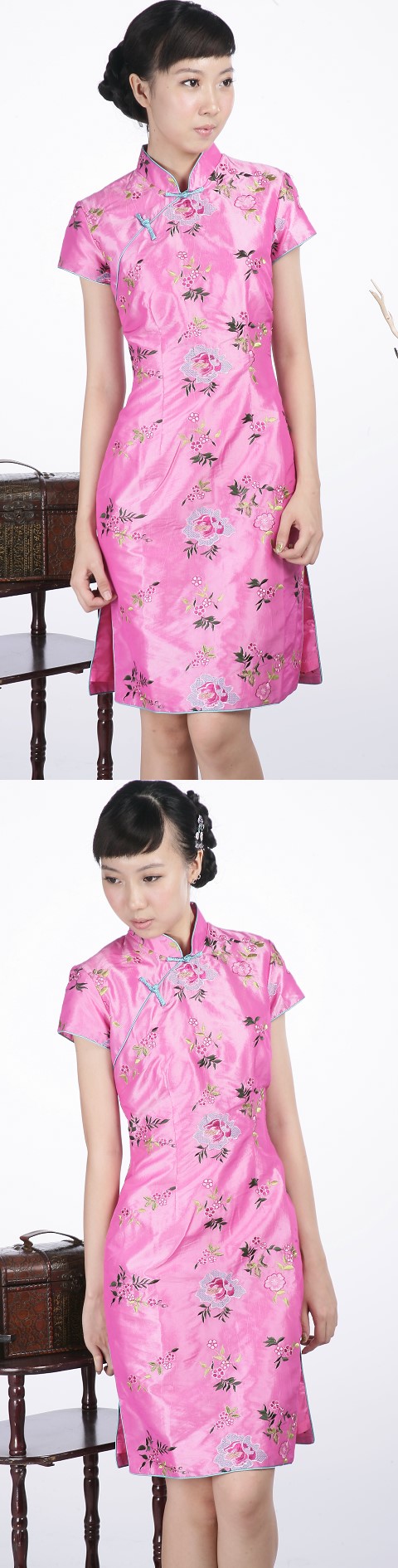 Short-sleeve Floral Embroidery Midi Cheongsam Dress (Pink)