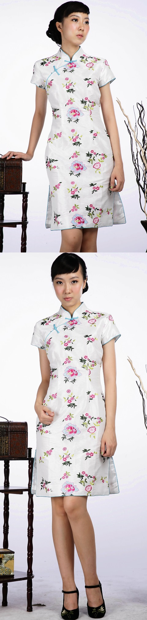 Short-sleeve Floral Embroidery Midi Cheongsam Dress (White)