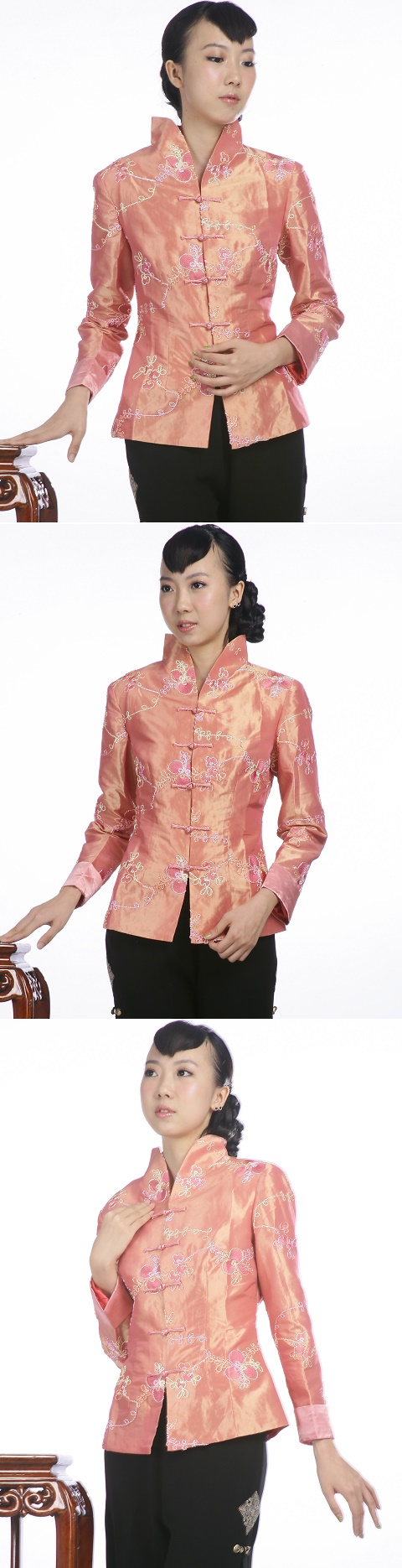 Embossed Floral Embroidery Mandarin Jacket (Orange)