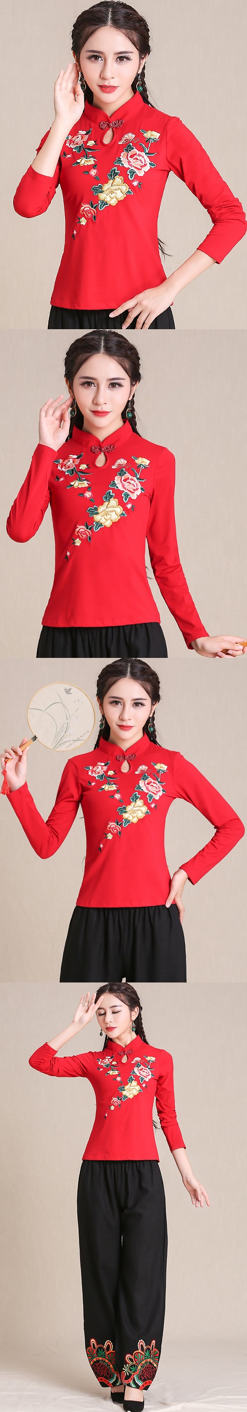 Ethnic Floral Embroidery Long-sleeve Blouse - Red (RM)