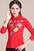Ethnic Floral Embroidery Long-sleeve Blouse - Red (RM)