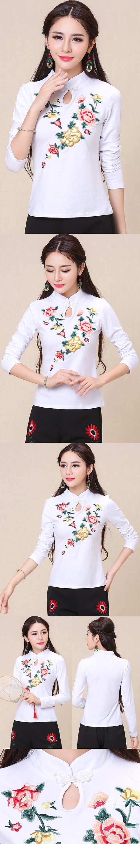 Ethnic Floral Embroidery Long-sleeve Blouse - White (RM)
