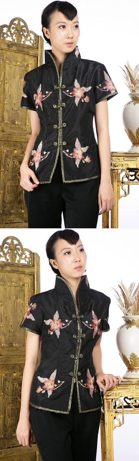 Short-sleeve Floral Embroidery Mandarin Blouse (Black)