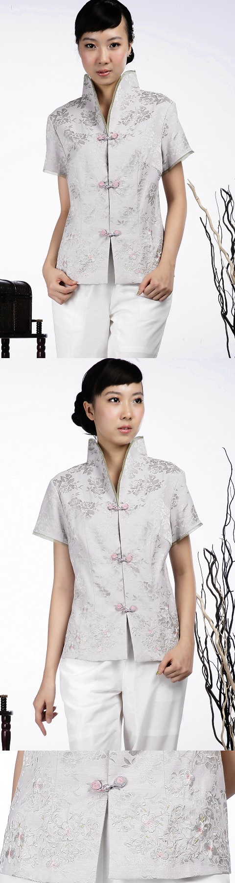 Short-sleeve Floral Embroidery Mandarin Blouse (Silver)