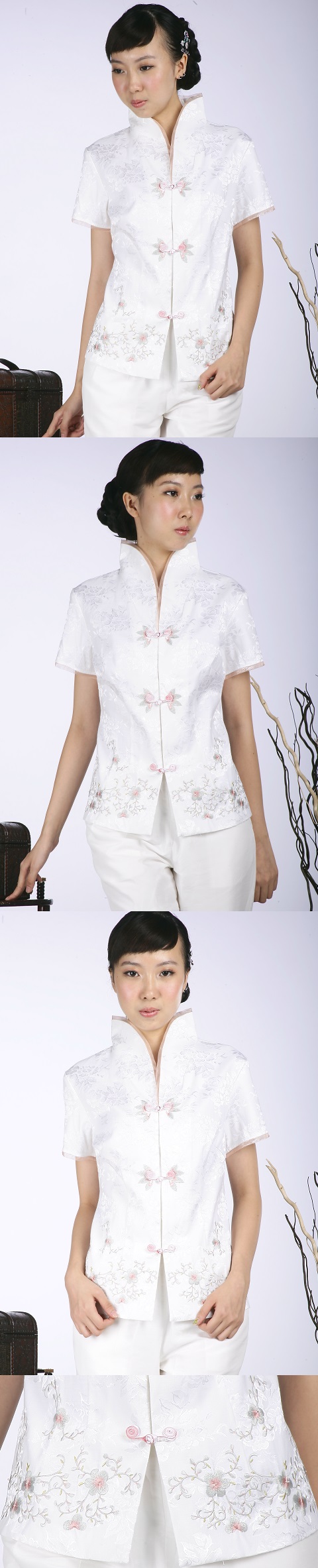 Short-sleeve Floral Embroidery Mandarin Blouse (White)